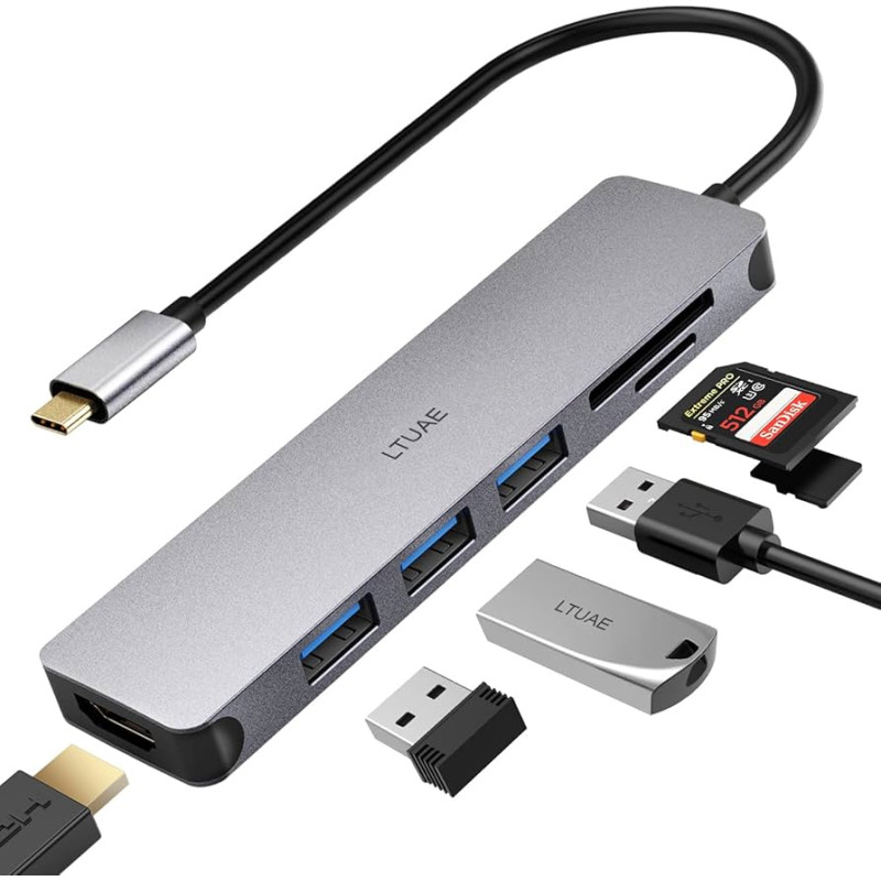 5en1 USB 3.0 x 2 + SD + TF + HUB USB-C / type C PD Smart