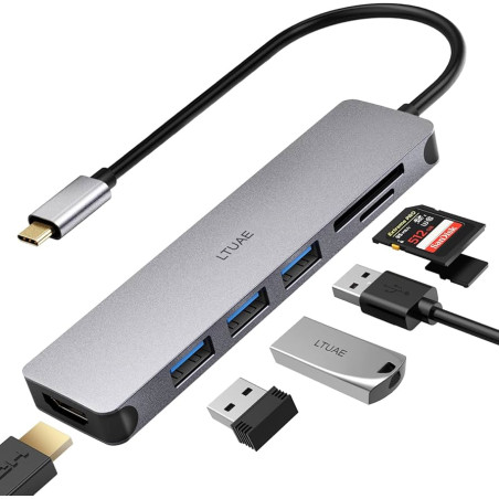5en1 USB 3.0 x 2 + SD + TF + HUB USB-C / type C PD Smart