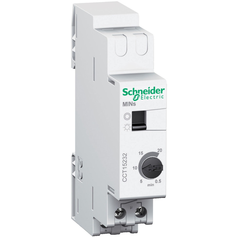 Minuterie 30s..20mn - contact 16A/230Vca - marche forcée Acti9 MINs Schneider Electric - CCT15232 Minuterie 30s..20mn - contact 16A/230Vca - marche forcée Acti9 MINs Schneider Electric - CCT15232