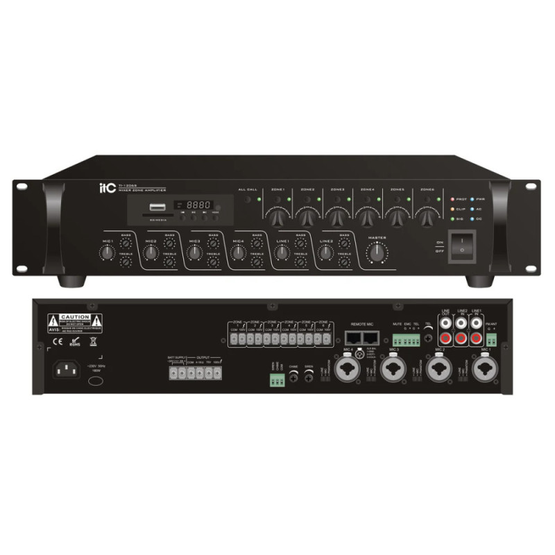 Amplificateur mélangeur 6 zones avec Mp3 ITC - TI-5006S Amplificateur mélangeur 6 zones avec Mp3 ITC - TI-5006S