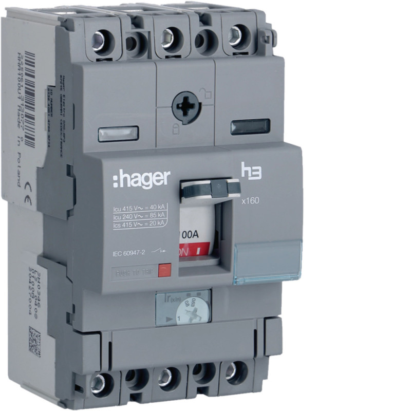 Disjoncteur à boîtier moulé h3 x160 TM ADJ 3P3D 100 A 40 kA CTC - Hager - HNA100U