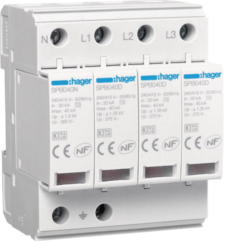 Parafoudre 4P T2 TNS/TT Uc 275V In 20kA Imax 40kA - Hager - SPB440D