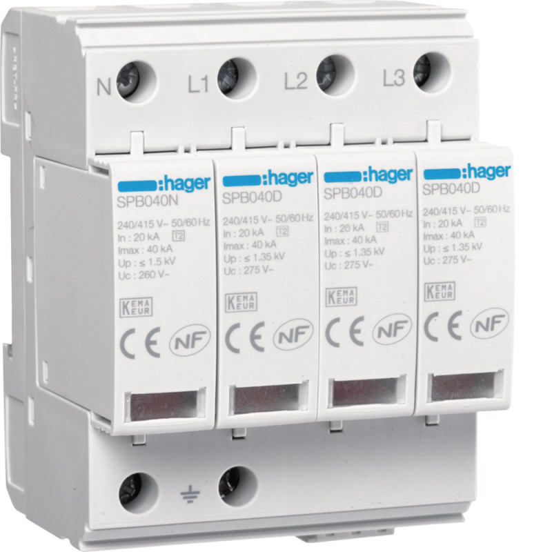 Parafoudre de type 2 Imax 40kA 4P 4modules avec auxiliaire de contact - Hager - SPB440R