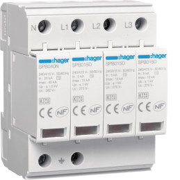 Parafoudre 4P T2 TNS/TT Uc 275V In 5kA Imax 15kA télé signalisation - Hager - SPB415R