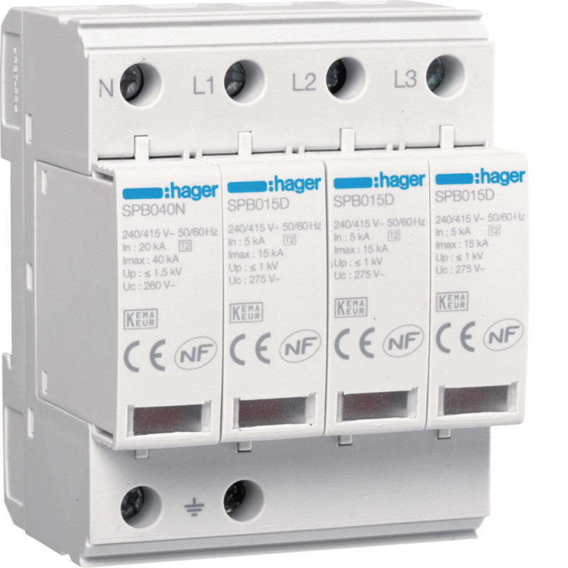 Parafoudre 4P T2 TNS/TT Uc 275V In 5kA Imax 15kA - Hager - SPB415D