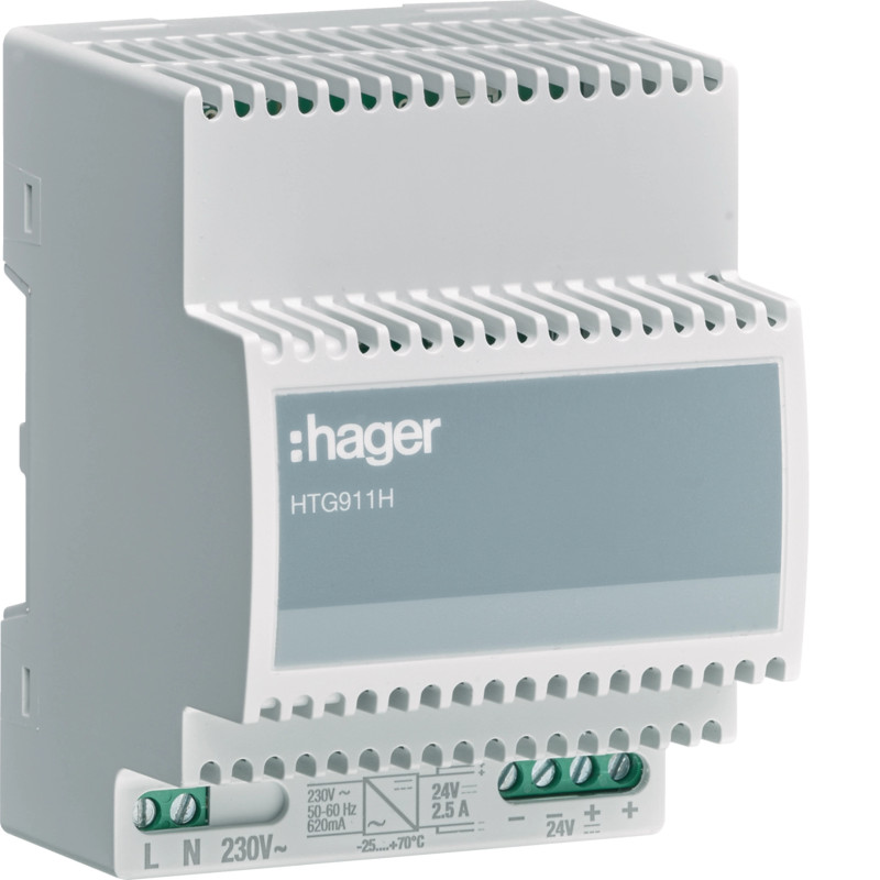Alimentation à découpage 230VAC/24VDC 2500mA à 70°C - Hager - HTG911H