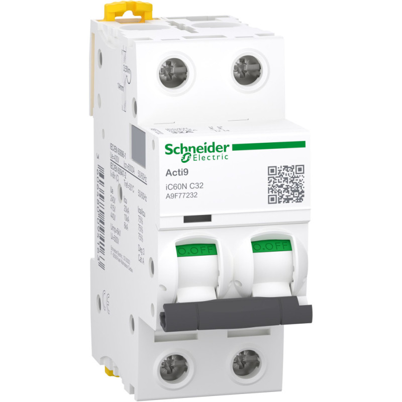 Disjoncteur Acti9 iC60N - 2P - 32A - Courbe C - 400Vca - 6000A/10kA Schneider Electric - A9F77232