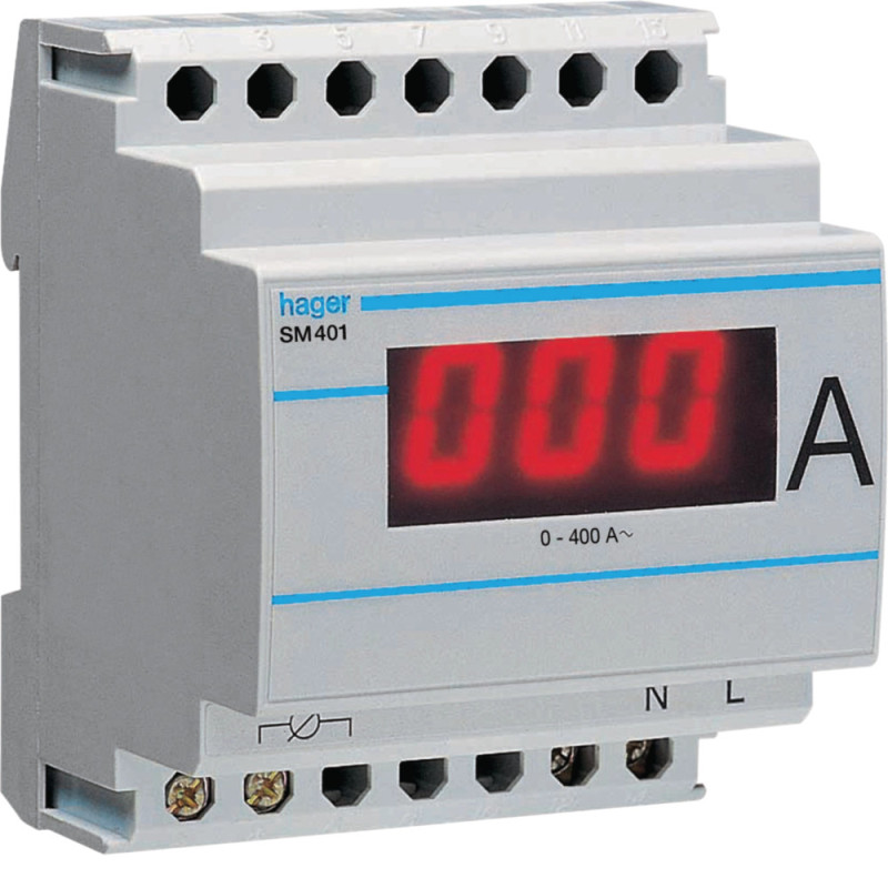 Ampéremètre digital 0-400A branchement sur transformateur de courant - Hager - SM401