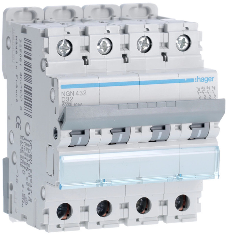 Disjoncteur 32A 4P 6-10kA Courbe D 4modules - Hager - NGN432