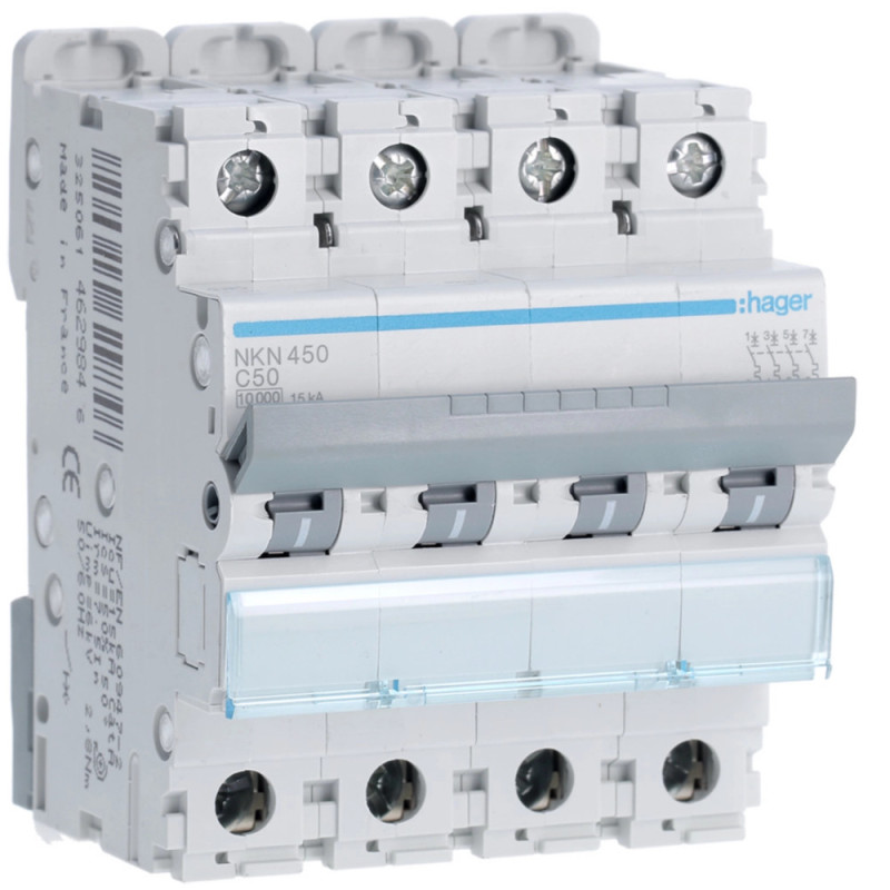 Disjoncteur 50A 4P 10-15kA Courbe C 4modules - Hager - NKN450