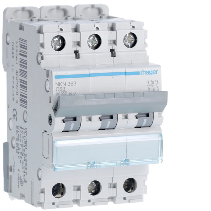 Disjoncteur 63A 3P 10-15kA Courbe C 3modules - Hager - NKN363