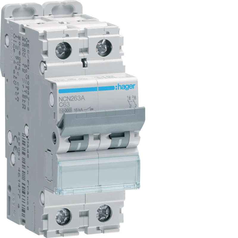 Disjoncteur 2P 10 kA/15 kA C-63A 2M - Hager - NCN263A