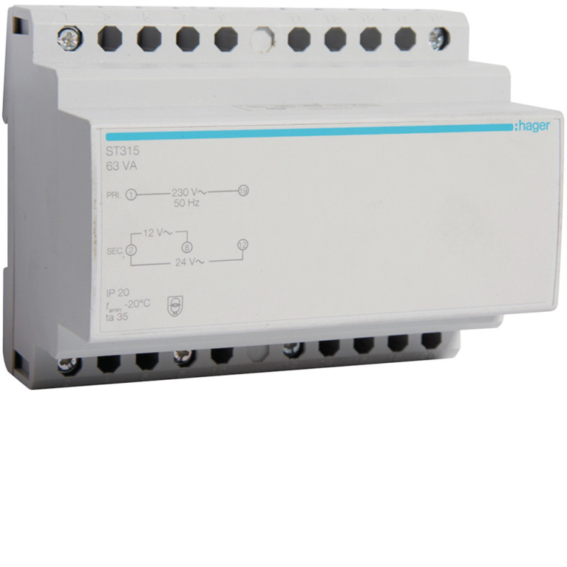Transformateur sécurité 63VA 230V-12 à 24V - Hager - ST315
