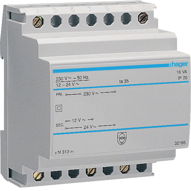 Transformateur sécurité 16VA 230V-12 à 24V - Hager - ST313