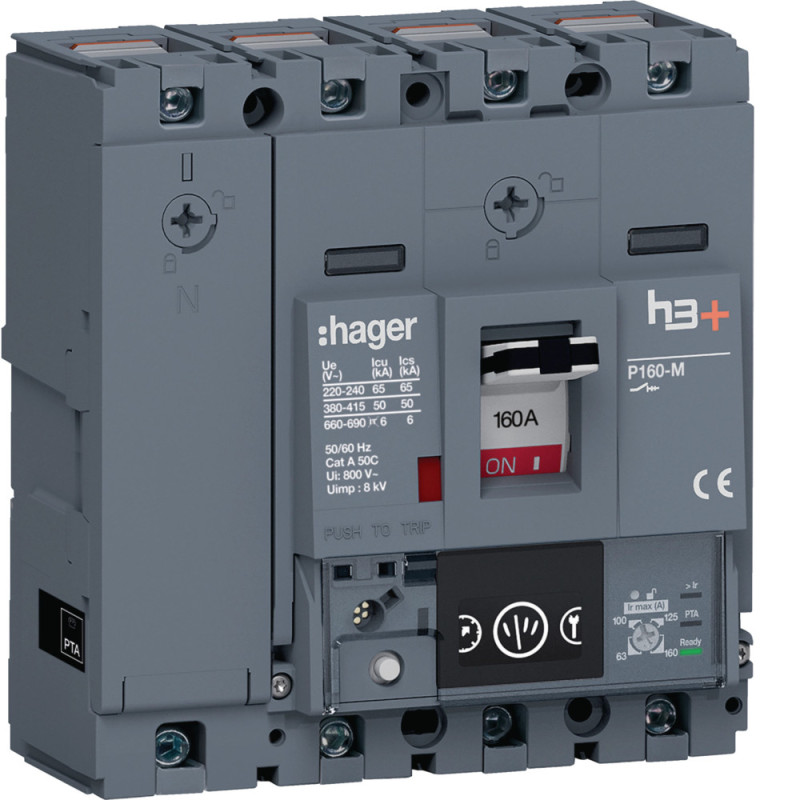 Disjoncteur Boitier Moulé h3+ P160 LSnI 4P4D N0-50-100% 100A 50kA CTC - Hager - HMS101GC