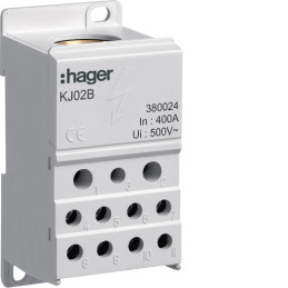 Bloc de répartition 400A, unipolaire, 2x 6-25²/5x 1,5-16²/4x 1,5-10² - Hager - KJ02B