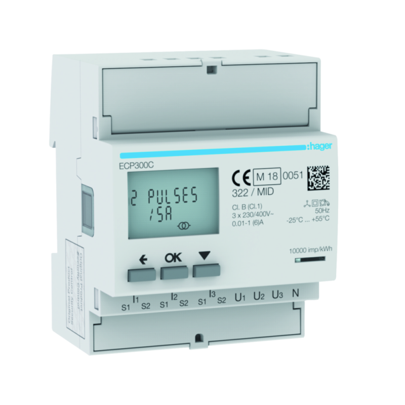 Compteur d'énergie triphasé indirect 5A sortie impulsionnelle MID- Hager - ECP300C Compteur d'énergie triphasé indirect 5A sortie impulsionnelle MID- Hager - ECP300C