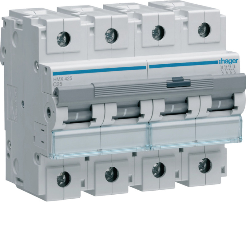 Disjoncteur 25A 4P 50kA Courbe C 6modules - Hager - HMX425 Disjoncteur 25A 4P 50kA Courbe C 6modules - Hager - HMX425