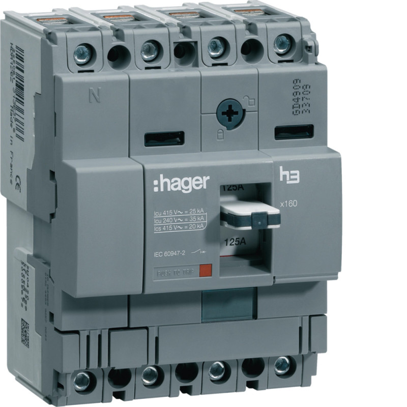 Disjoncteur boitier moulé x160 4P 25kA 125A - Hager - HHA126Z