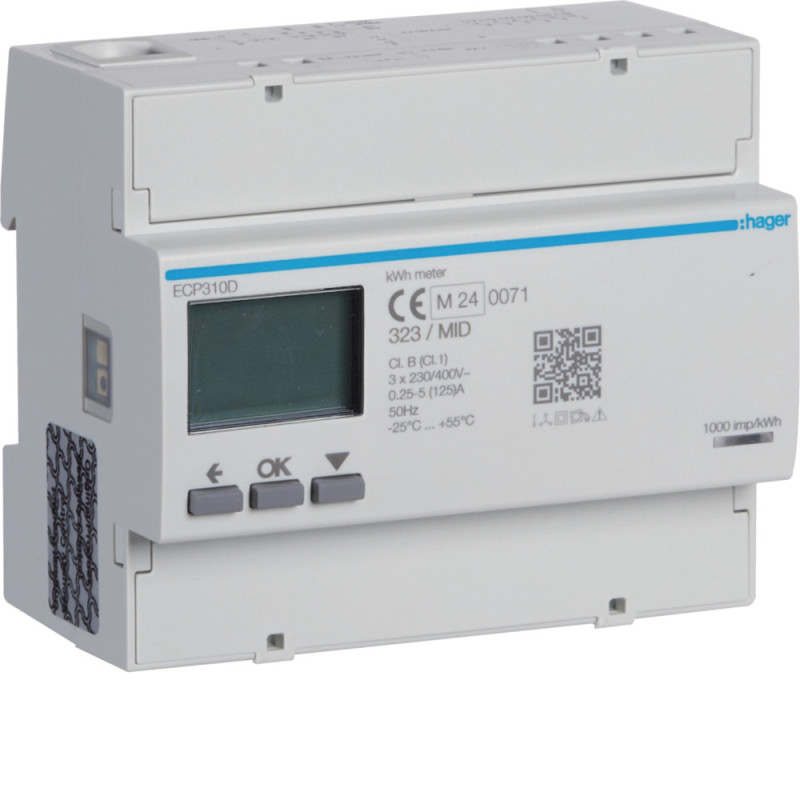 Compteur d'énergie triphasé 125A communication impulsionnelle MID - Hager - ECP310D