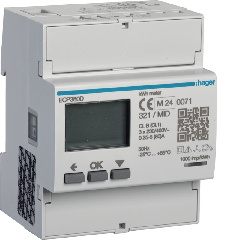 Compteur triphasé direct 80A 4M S0 MID - Hager - ECP380D