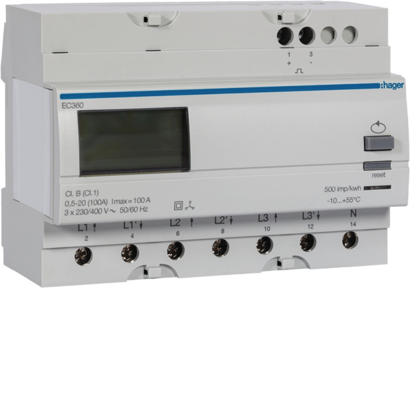 Compteur d'énergie électrique triphasé direct 100A simple tarif - Hager - EC360