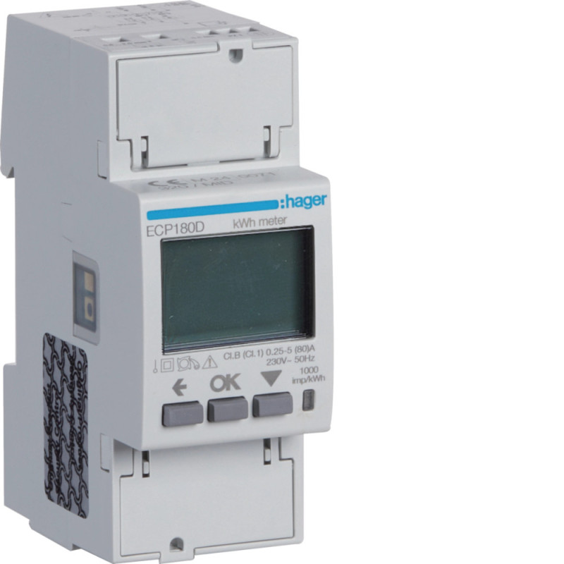 Compteur monophasé direct 80A 2M S0 MID - Hager - ECP180D