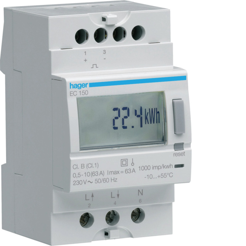 Compteur d'énergie électrique monophasé direct 63A simple tarif - Hager - EC150