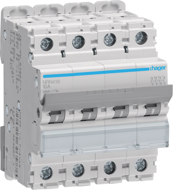 Disjoncteur 16A 4P 25kA Courbe C 4modules - Hager - NRN416 Disjoncteur 16A 4P 25kA Courbe C 4modules - Hager - NRN416