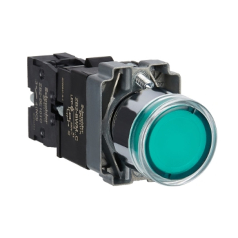 Bouton-poussoir lumineux complet, métal, encastré, vert, 22 mm, 1 NO Easy Harmony XB2 Schneider Electric - XB2BW33M1C