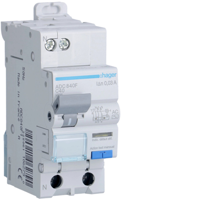 Disjoncteur Différentiel 1P+N 4.5kA C-32A 30mA type AC - Hager - ADC832F Disjoncteur Différentiel 1P+N 4.5kA C-32A 30mA type AC - Hager - ADC832F