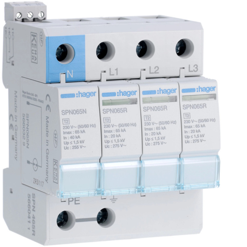 Parafoudre 4P débrochable 65KA type 2 avec réserve+contact de télésignalisation - Hager - SPN465R