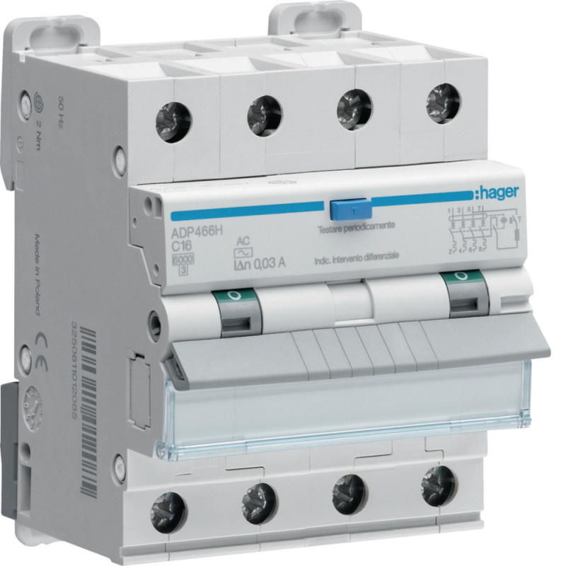 Disjoncteur différentiel 4P 6000 A à courbe en C, type 40 A CA, 300 mA, 4 M - Hager - AFP490H