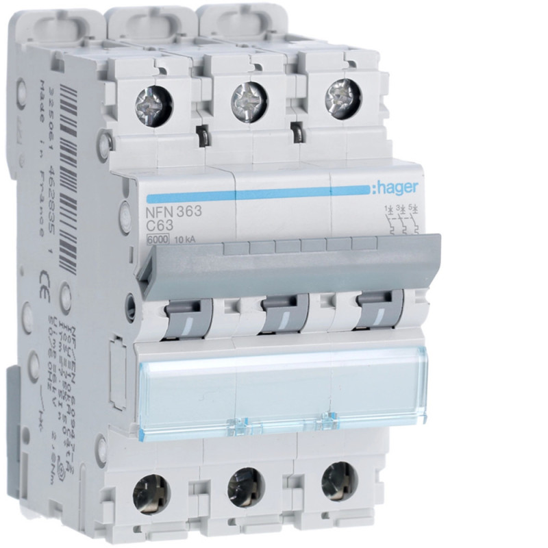 Disjoncteur 3P 6/10kA C-63A 3M - Hager - NF363A