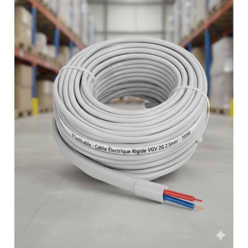 Cable Electrique Rigide VGV 2G2.5mm² rouleau de 100M - Plasticable Cable Electrique Rigide VGV 2G2.5mm² rouleau de 100M - Plasticable