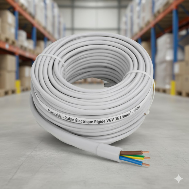 Cable Electrique Rigide VGV 3G1.5mm² rouleau de 100M - Plasticable Cable Electrique Rigide VGV 3G1.5mm² rouleau de 100M - Plasticable