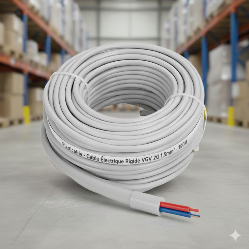 Cable Electrique Rigide VGV 2G1.5mm² rouleau de 100M - Plasticable Cable Electrique Rigide VGV 2G1.5mm² rouleau de 100M - Plasticable