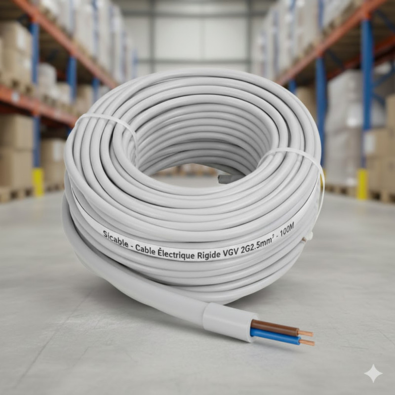 Cable Electrique Rigide VGV 2G2.5mm² rouleau de 100M - Sicable Cable Electrique Rigide VGV 2G2.5mm² rouleau de 100M - Sicable