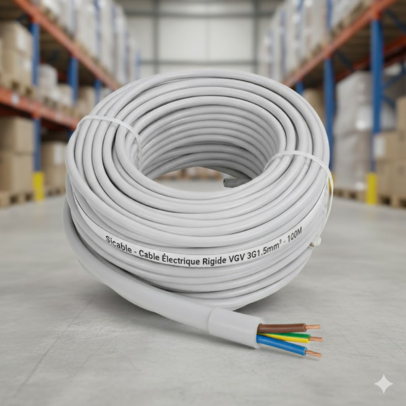 Cable Electrique Rigide VGV 3G1.5mm² rouleau de 100M - Sicable Cable Electrique Rigide VGV 3G1.5mm² rouleau de 100M - Sicable