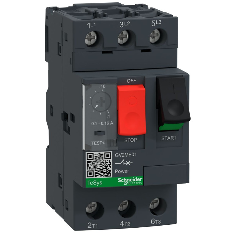 Disjoncteur moteur - 0,1..0,16A - 3P 3d - déclencheur magnéto-thermique TeSys GV2ME Schneider Electric - GV2ME01