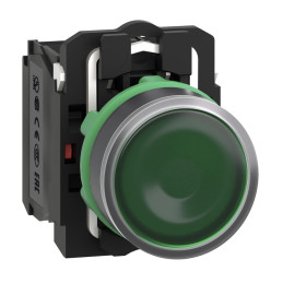 Bouton poussoir lumineux vert Ø22 - impulsion - 240 V - 1O+1F, Harmony XB5 Schneider Electric - XB5AW33M5