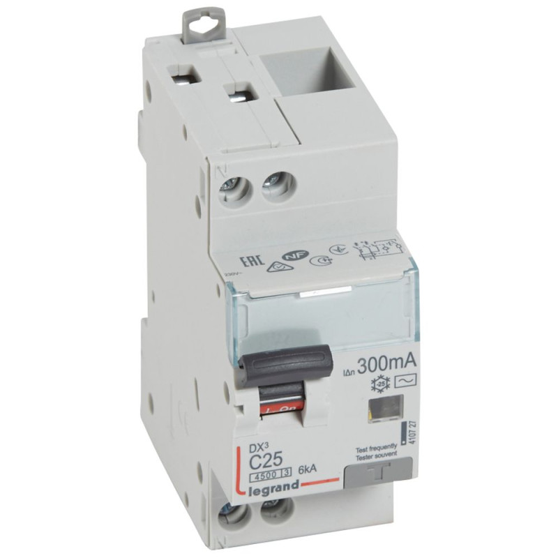 Disjoncteur différentiel DX³4500 à vis U+N 230V~ - 25A typeAC 300mA - courbe C - 2 modules Legrand - 410727