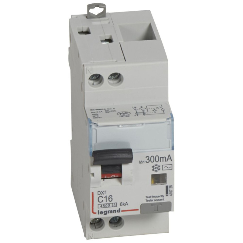 Disjoncteur différentiel DX³4500 à vis U+N 230V~ - 16A typeAC 300mA - courbe C - 2 modules Legrand - 410725