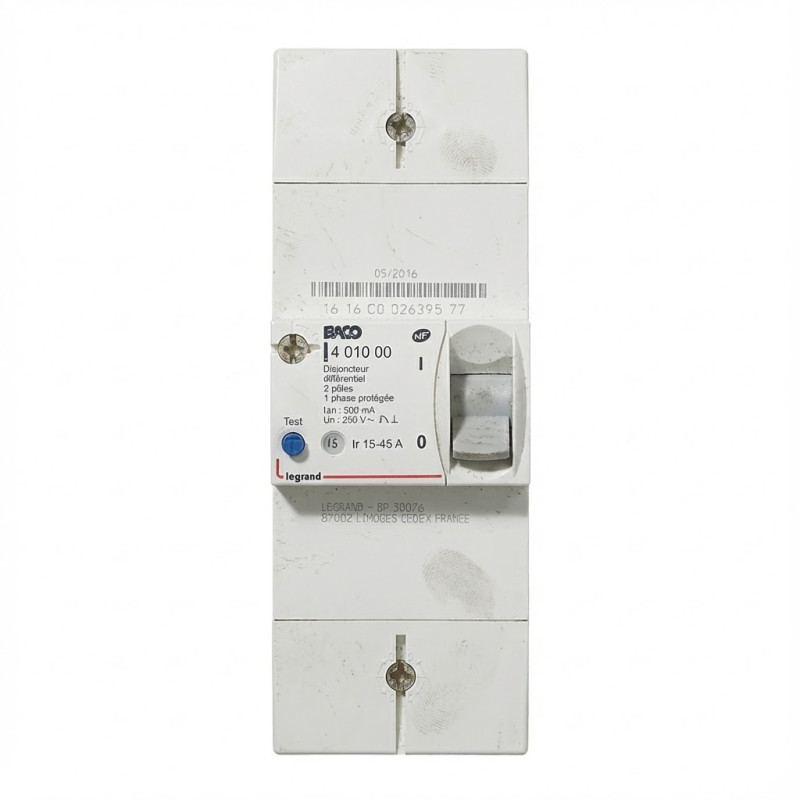 Disjoncteur de branchement 250V bipolaire différentiel 500mA instantané - 45A Enedis Legrand - 401000