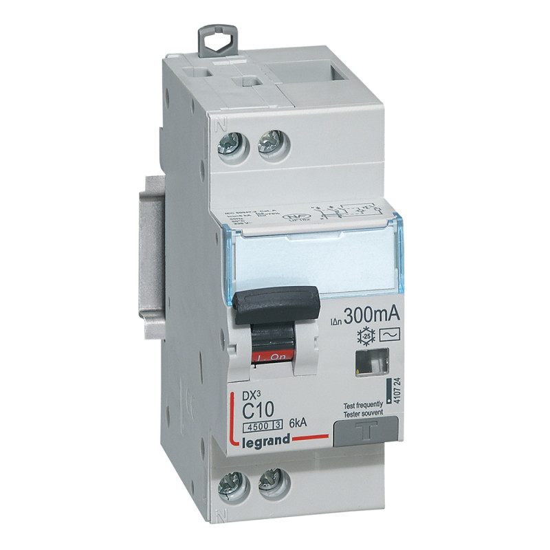 Disjoncteur différentiel DX³4500 à vis U+N 230V~ - 10A typeAC 300mA - courbe C - 2 modules Legrand - 410724