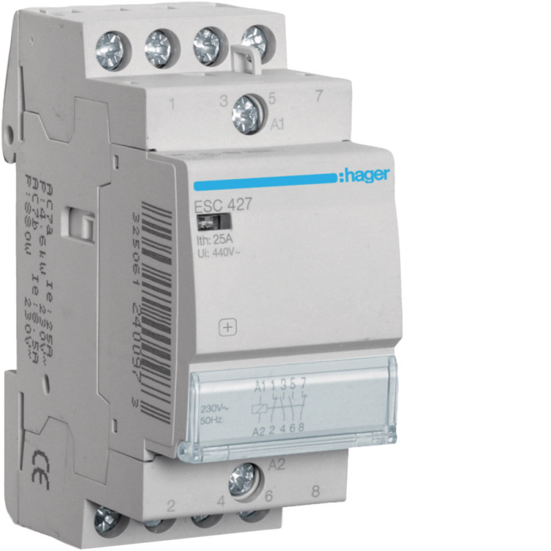 Contacteur modulaire sans commande manuelle 25A - 2F+2O - 230V - HAGER - ESC427