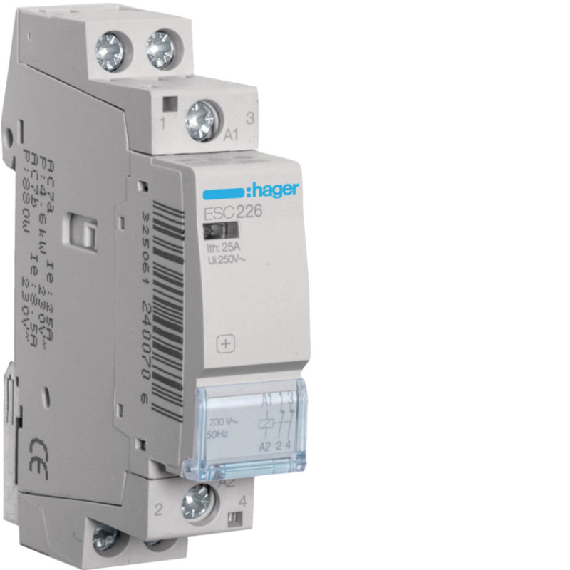 Contacteur modulaire sans commande manuelle 25A, 2O, 230V - HAGER - ESC226