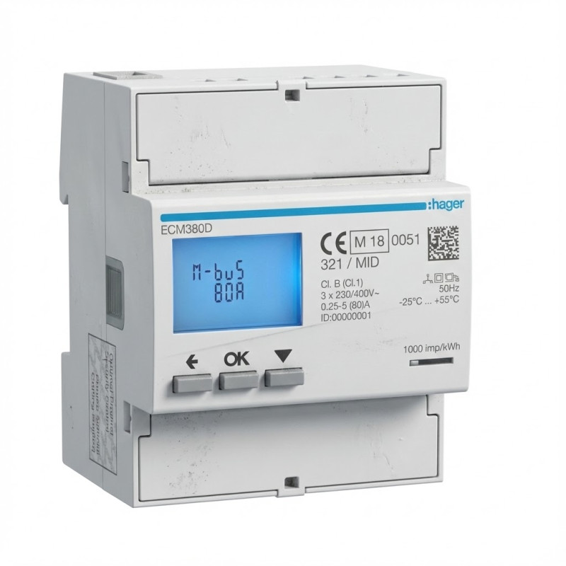 Compteur d'énergie triphasé direct 80A 4M MBUS MID - HAGER - ECM380D