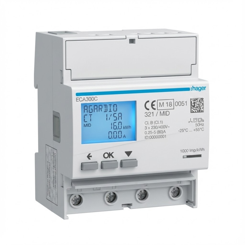 Compteur d'énergie triphasé via CT 1A or 5A 4M AGARDIO MID - HAGER - ECA300C