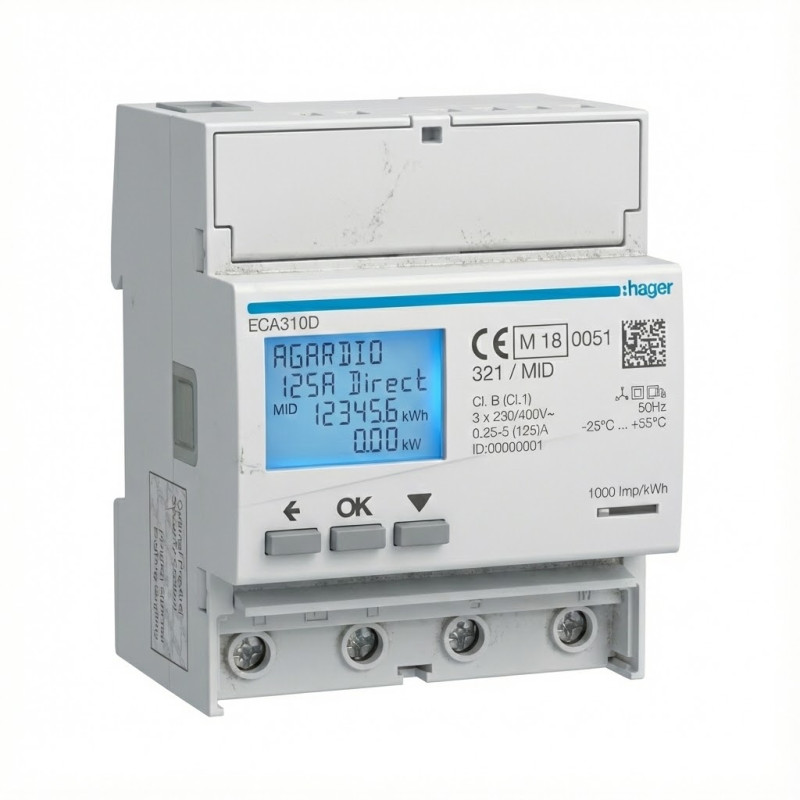 Compteur d'énergie triphasé direct 125A 6M AGARDIO MID - HAGER - ECA310D